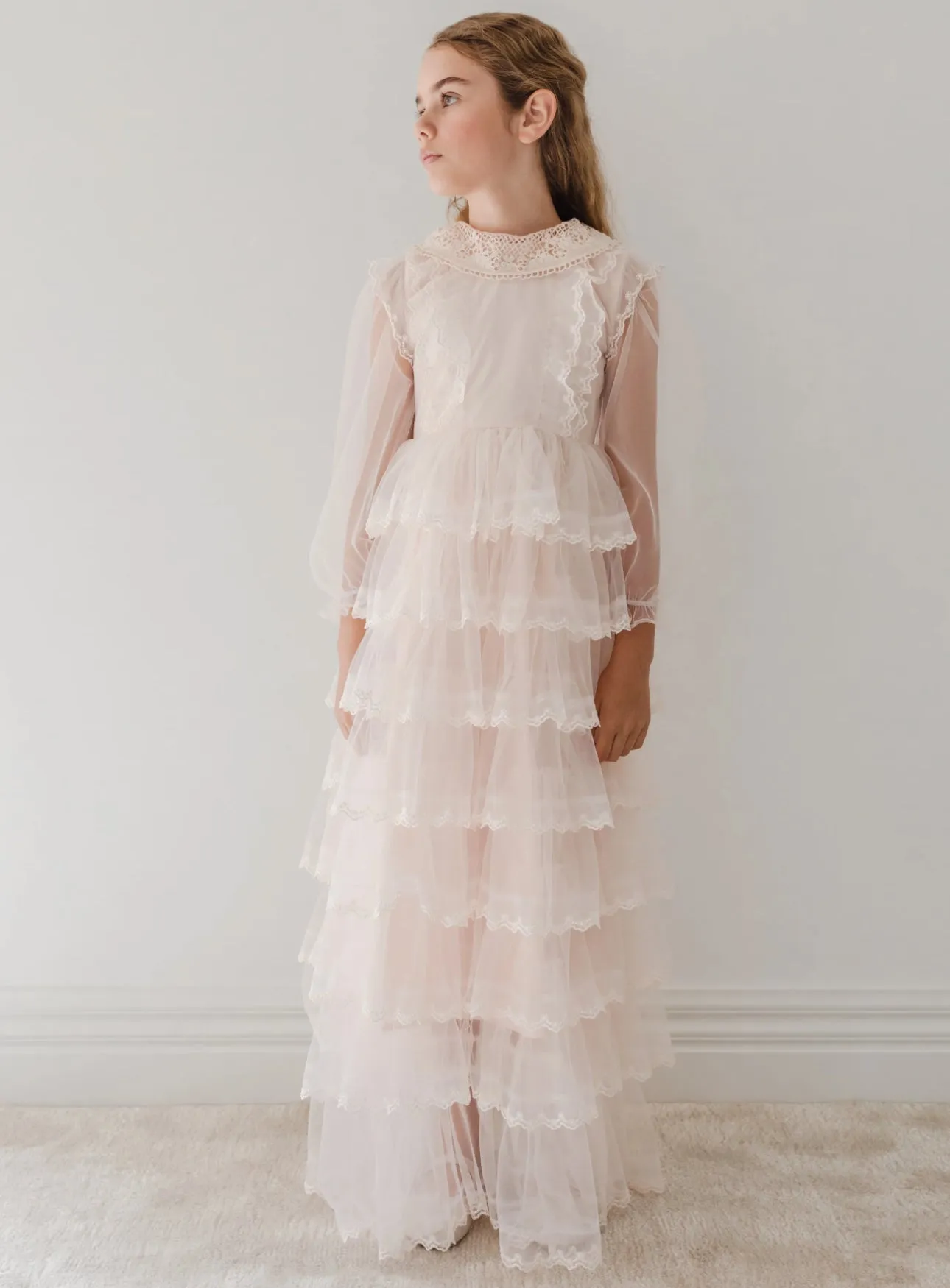 Elegant Petal Pink Tulle Gown with Crochet Collar - Model 1202