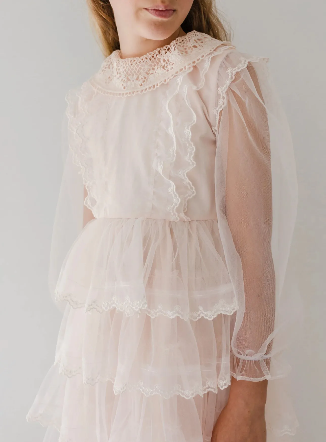 Elegant Petal Pink Tulle Gown with Crochet Collar - Model 1202