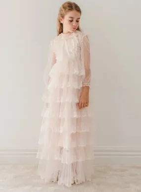 Elegant Petal Pink Tulle Gown with Crochet Collar - Model 1202