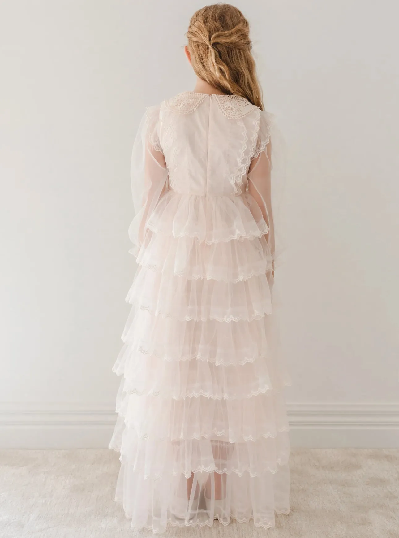 Elegant Petal Pink Tulle Gown with Crochet Collar - Model 1202