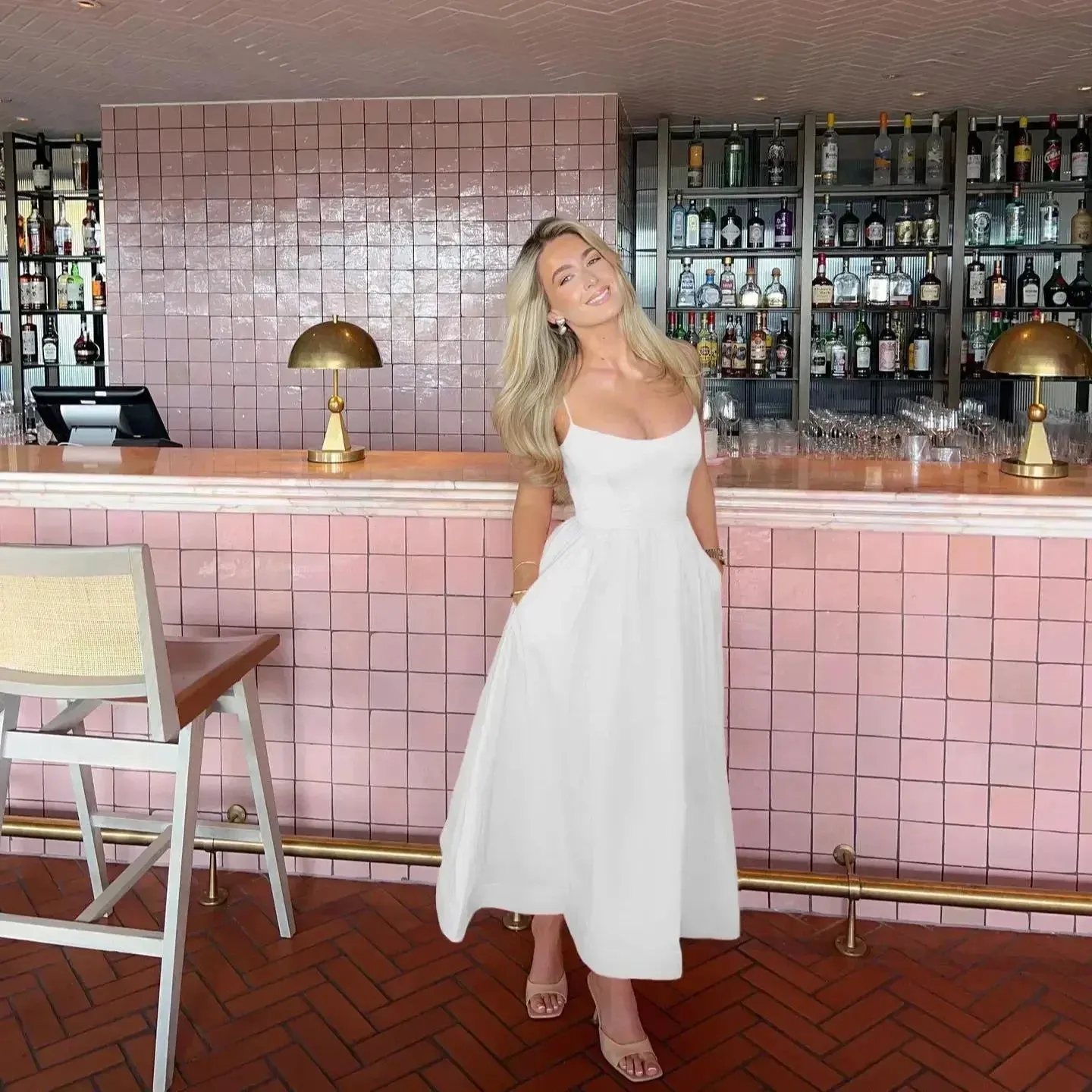 2024 Women's Pink and Pretty White Vacation Spaghetti Strap Beach A Line Party Casual Midi Dress