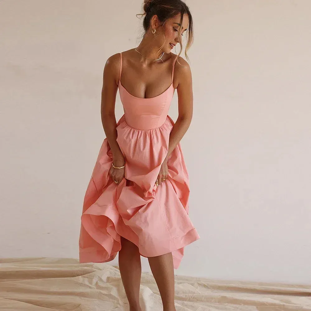 2024 Women's Pink and Pretty White Vacation Spaghetti Strap Beach A Line Party Casual Midi Dress