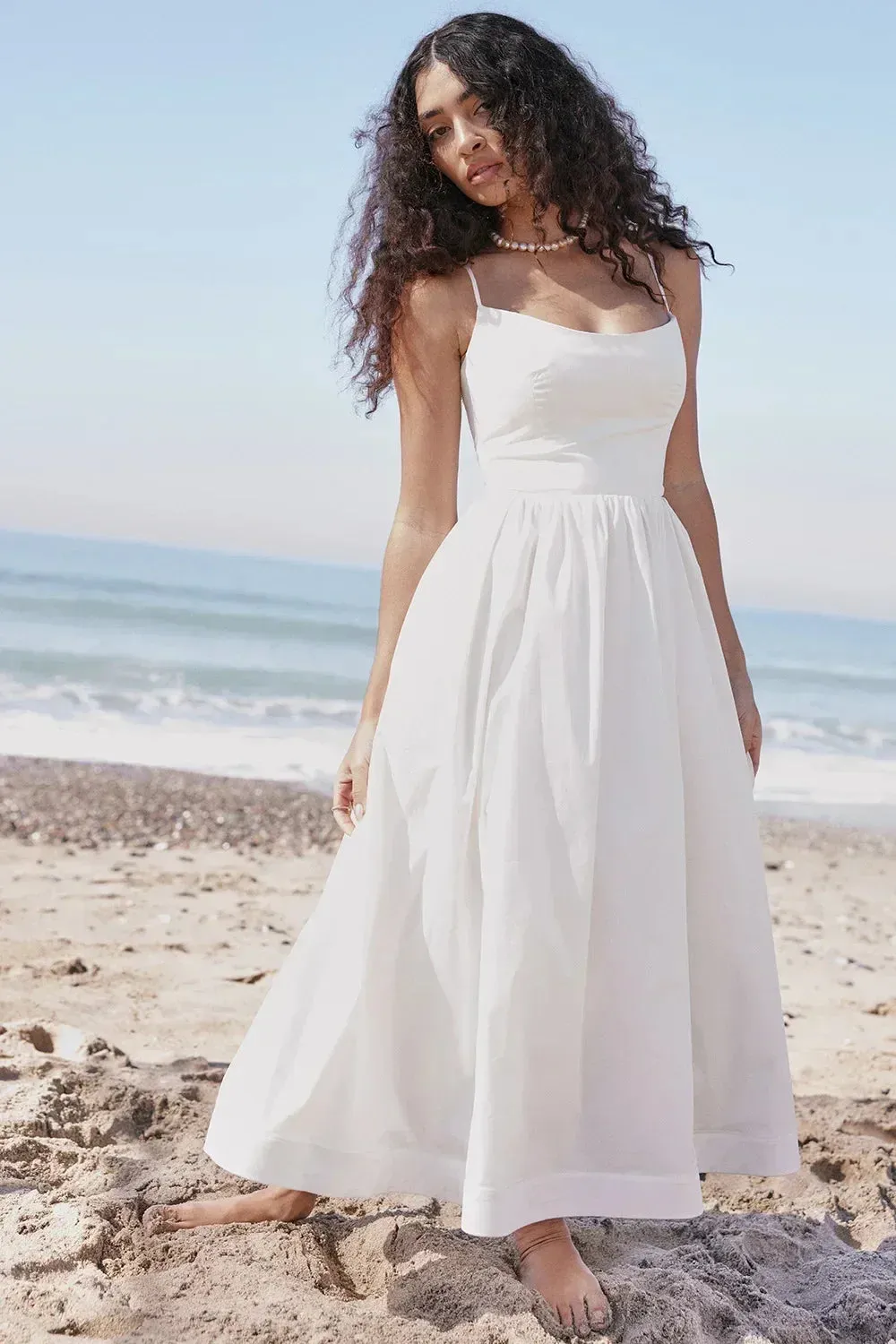 2024 Women's Pink and Pretty White Vacation Spaghetti Strap Beach A Line Party Casual Midi Dress