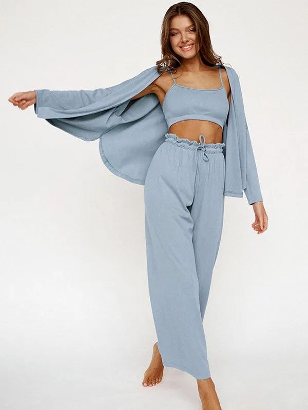 3Pcs Ribbed Crop Top Long Sleeve Loungewear