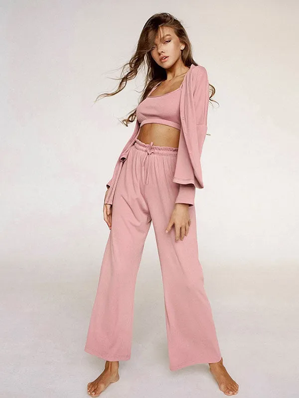 3Pcs Ribbed Crop Top Long Sleeve Loungewear
