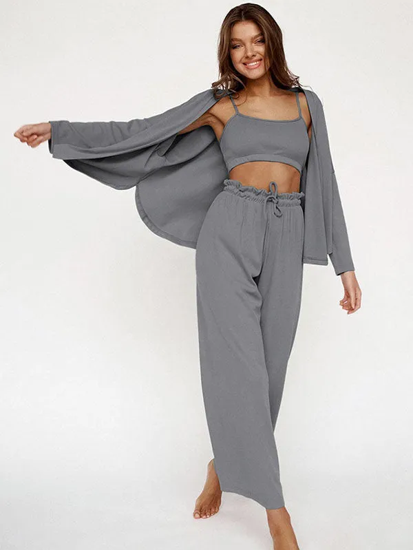 3Pcs Ribbed Crop Top Long Sleeve Loungewear