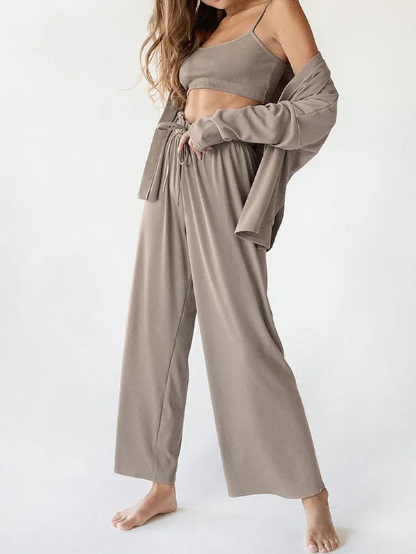 3Pcs Ribbed Crop Top Long Sleeve Loungewear