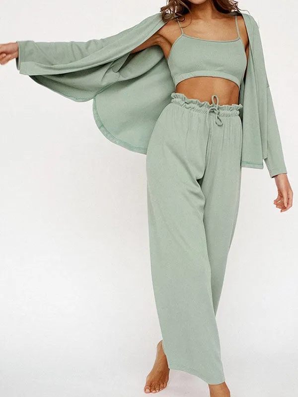 3Pcs Ribbed Crop Top Long Sleeve Loungewear