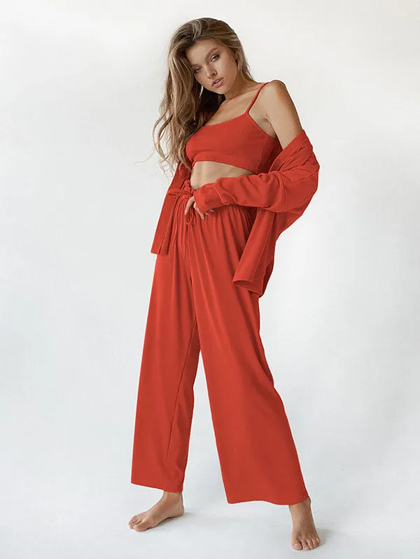 3Pcs Ribbed Crop Top Long Sleeve Loungewear