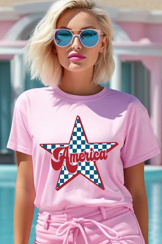 America Checkered Star Graphic T Shirts
