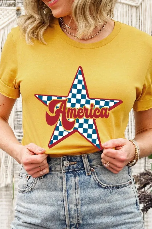 America Checkered Star Graphic T Shirts