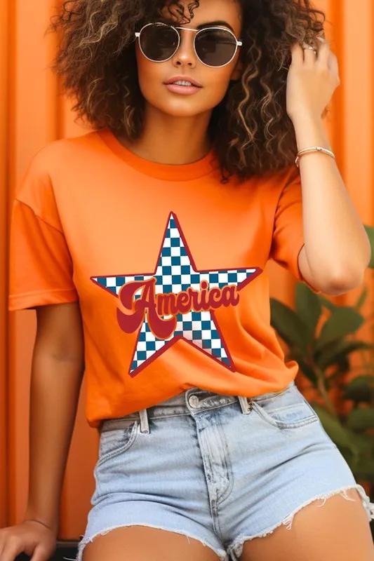America Checkered Star Graphic T Shirts