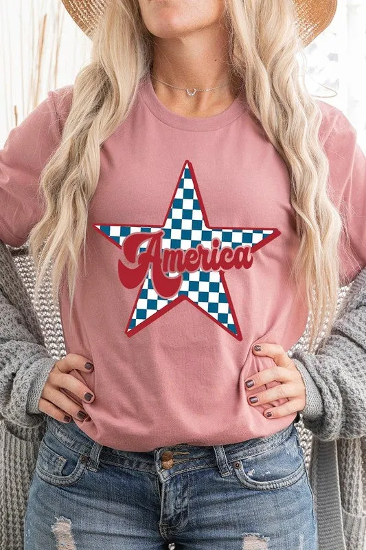America Checkered Star Graphic T Shirts