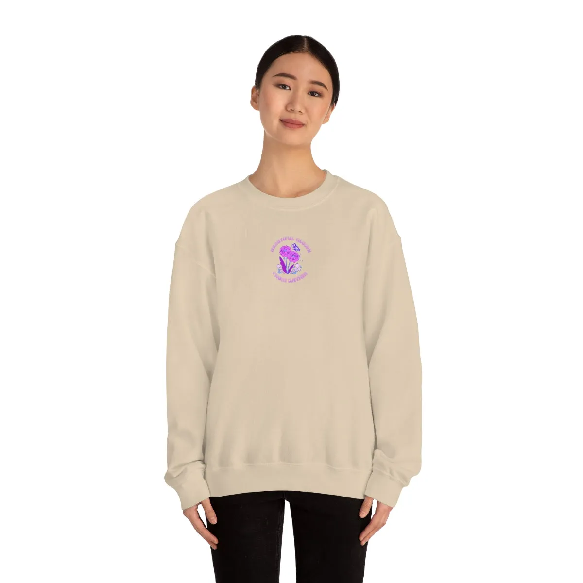 Beautiful Glows from Within Purple Flower Sweatshirt, Oversized Crewneck, Front Back Print Trendy Sweatshirt, Beach Cover Up, Lake Cover Up