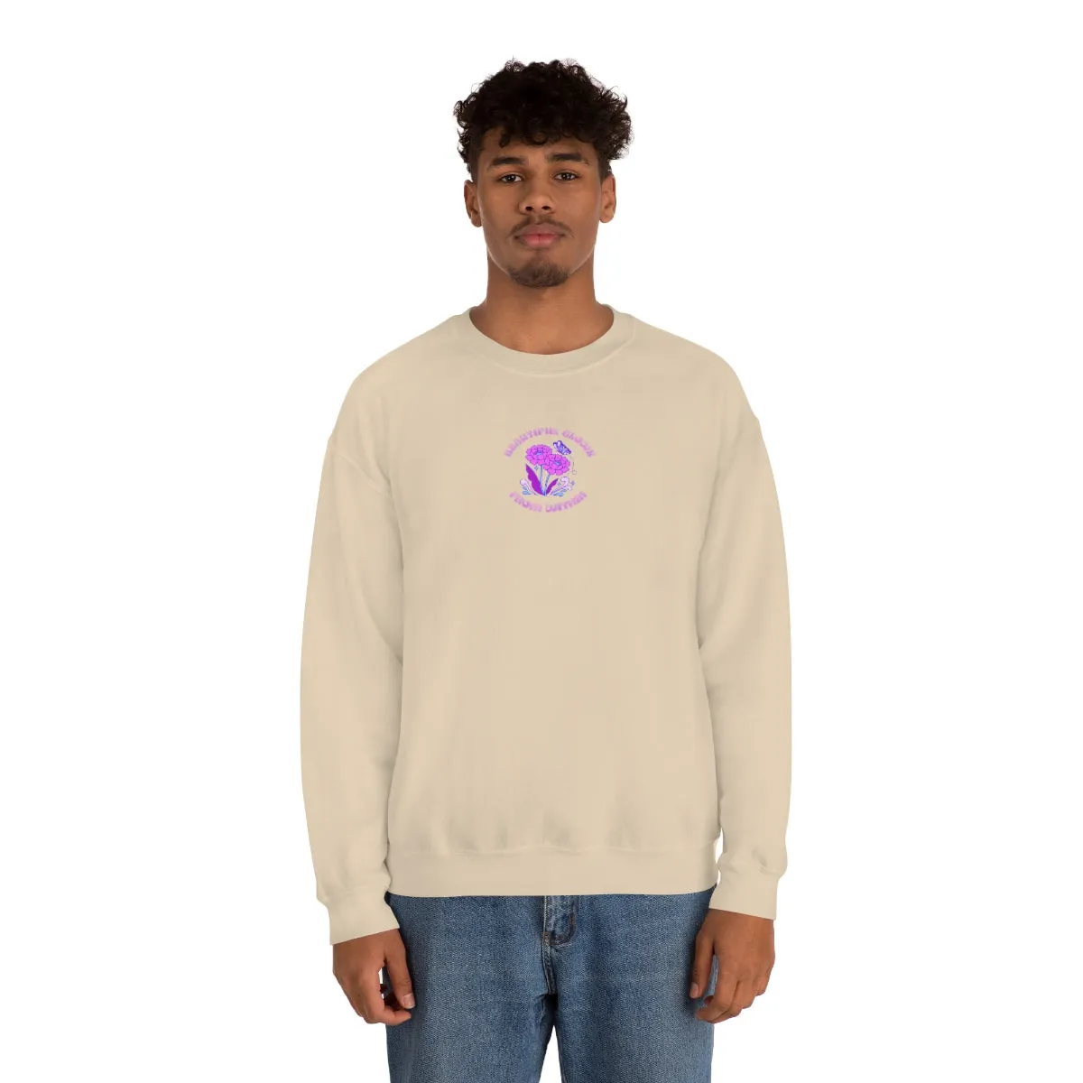 Beautiful Glows from Within Purple Flower Sweatshirt, Oversized Crewneck, Front Back Print Trendy Sweatshirt, Beach Cover Up, Lake Cover Up