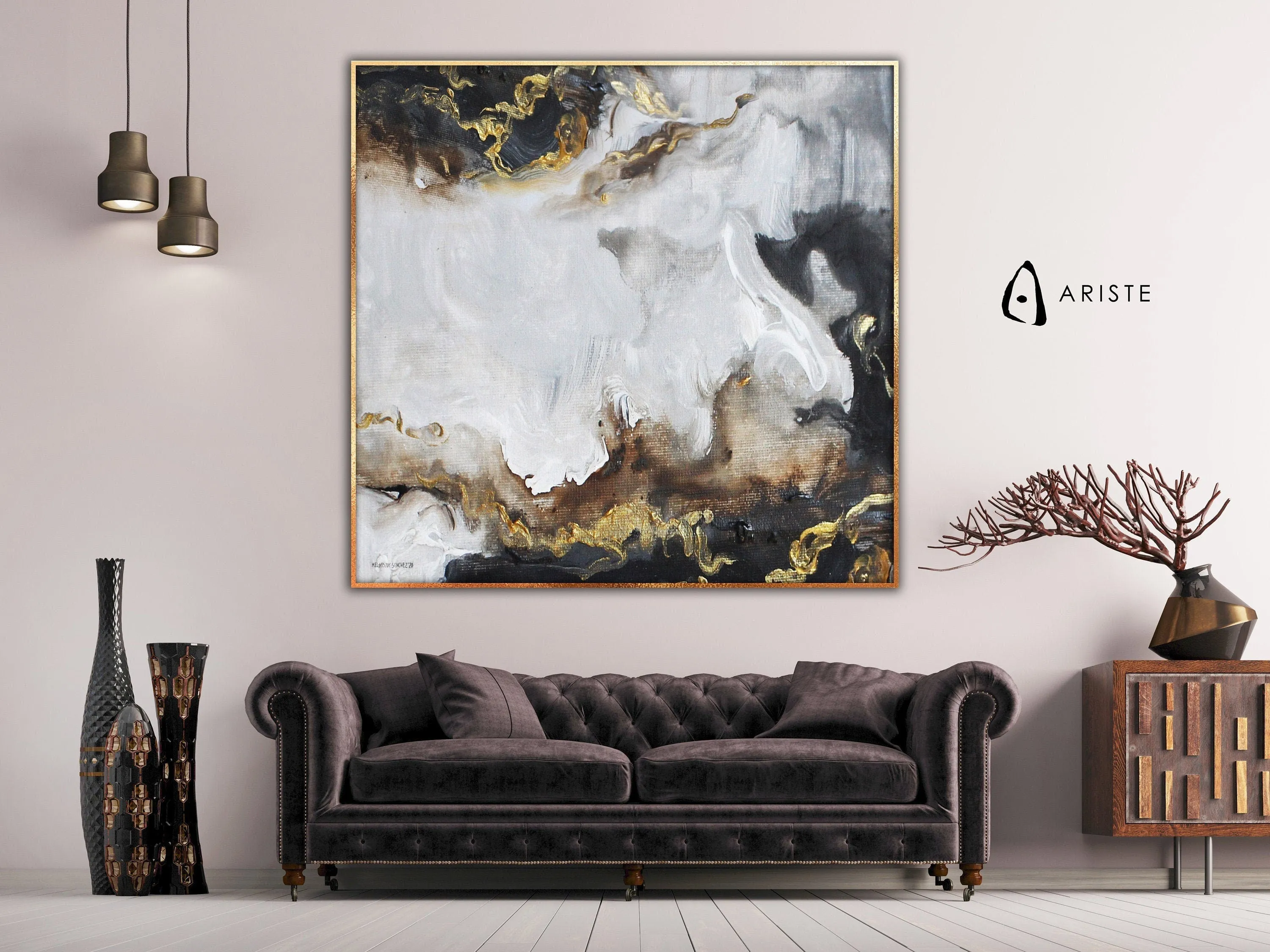 Black, white & gold fluid art painting made to order in a custom size