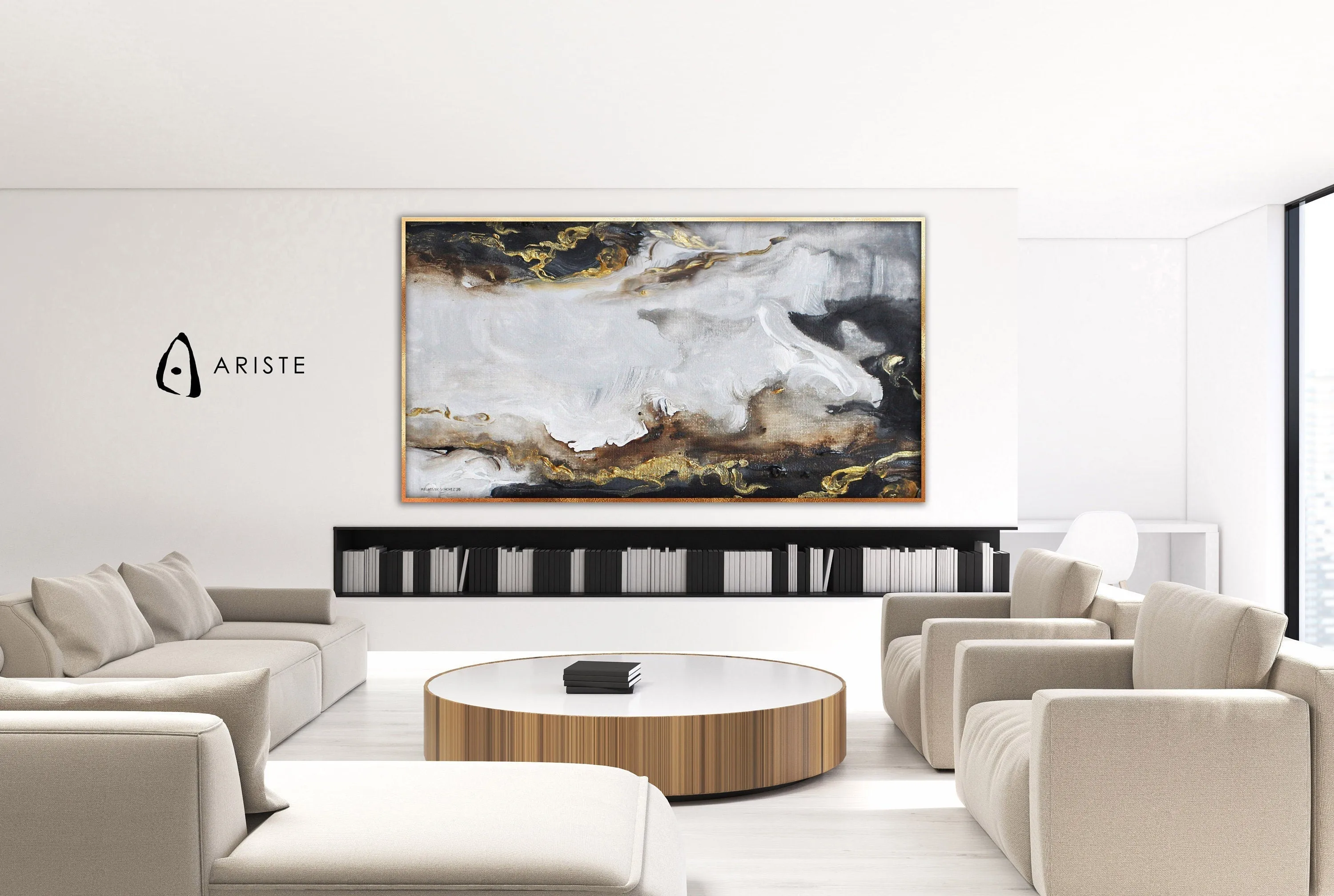 Black, white & gold fluid art painting made to order in a custom size