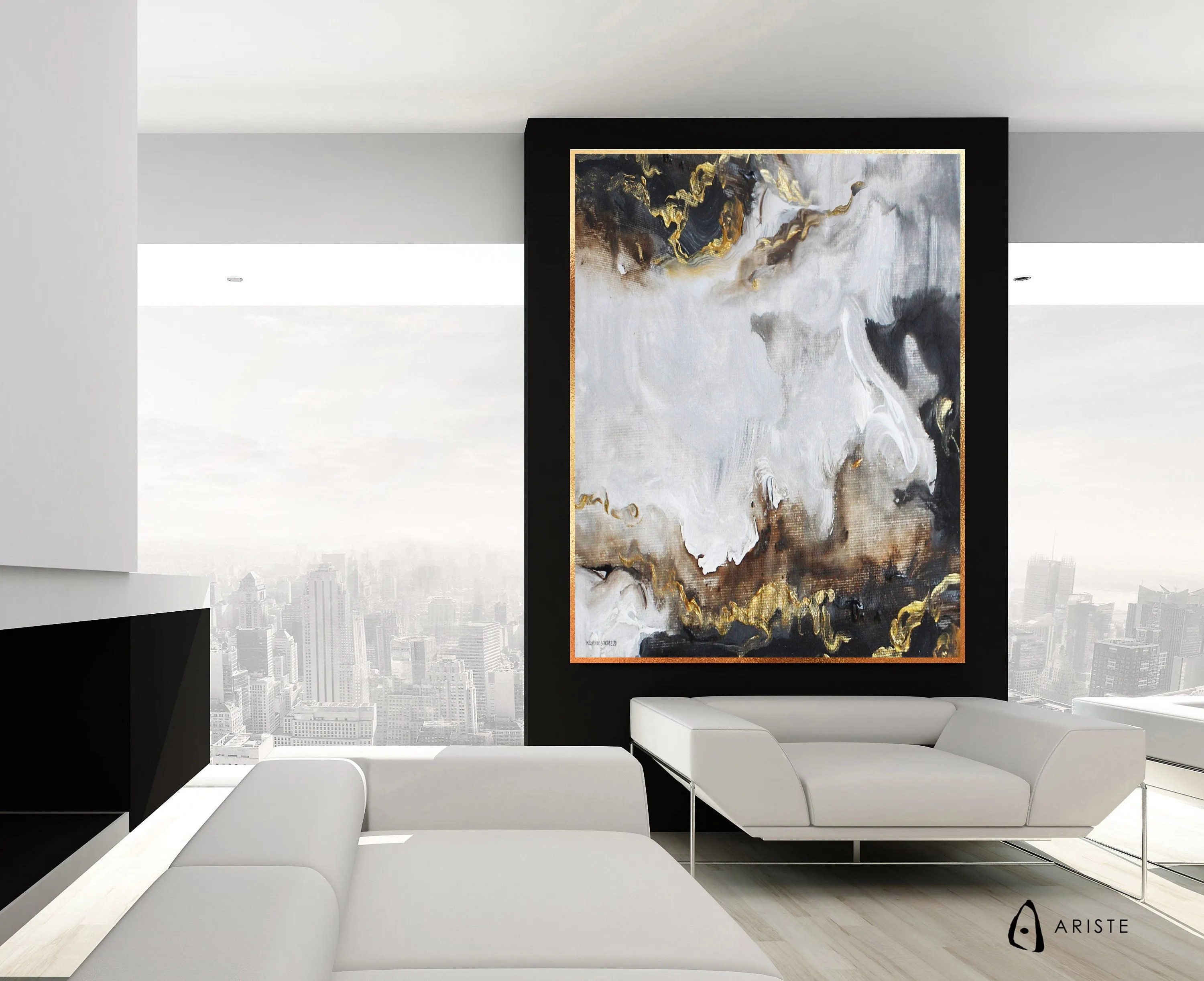 Black, white & gold fluid art painting made to order in a custom size