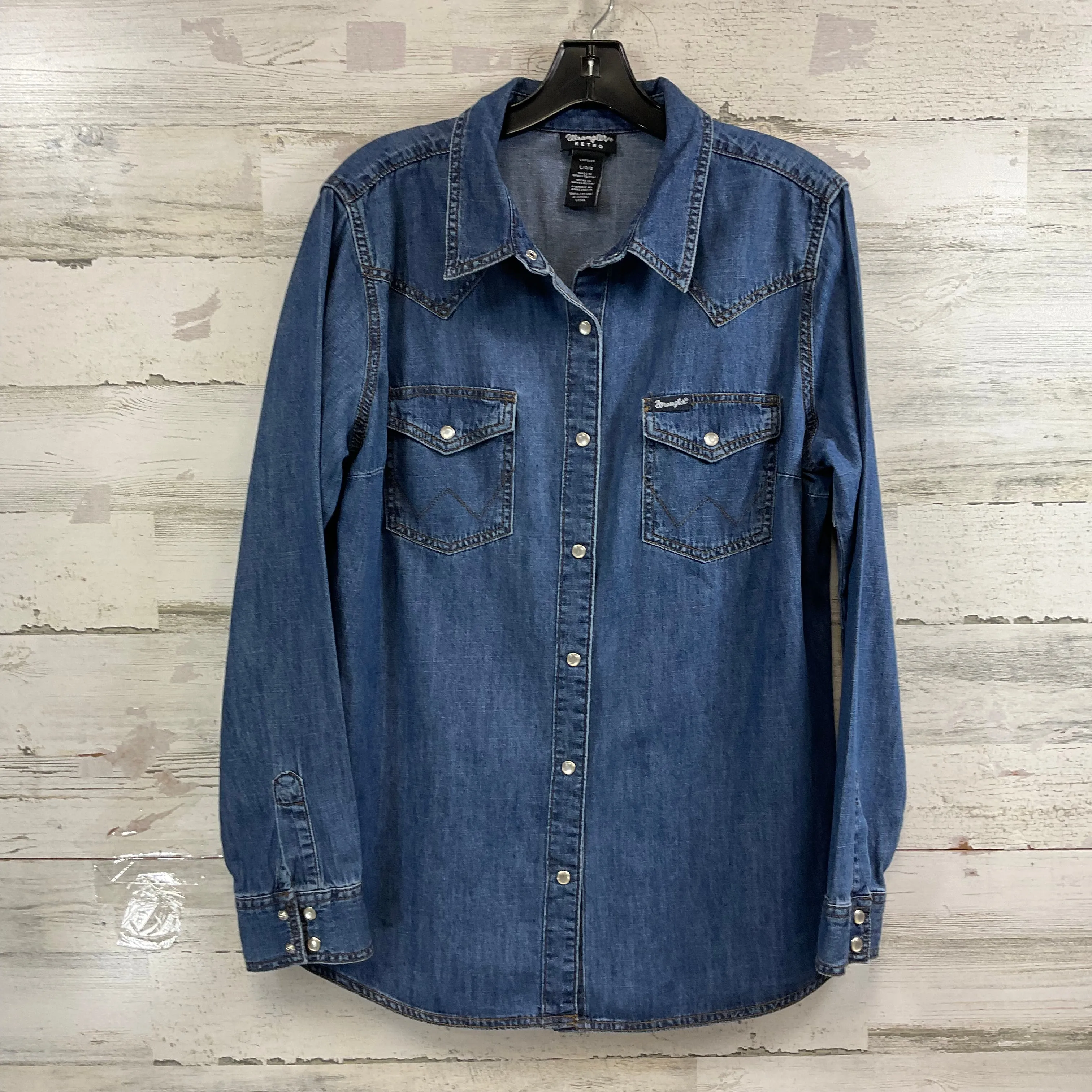 Blouse Long Sleeve By Wrangler In Blue Denim, Size: L