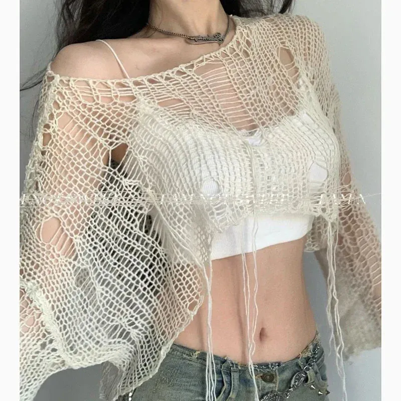 Boho Knitted Hollow Out Crop Tee – Vintage Y2K Loose Fit Ripped Long Sleeve Jumper for Women