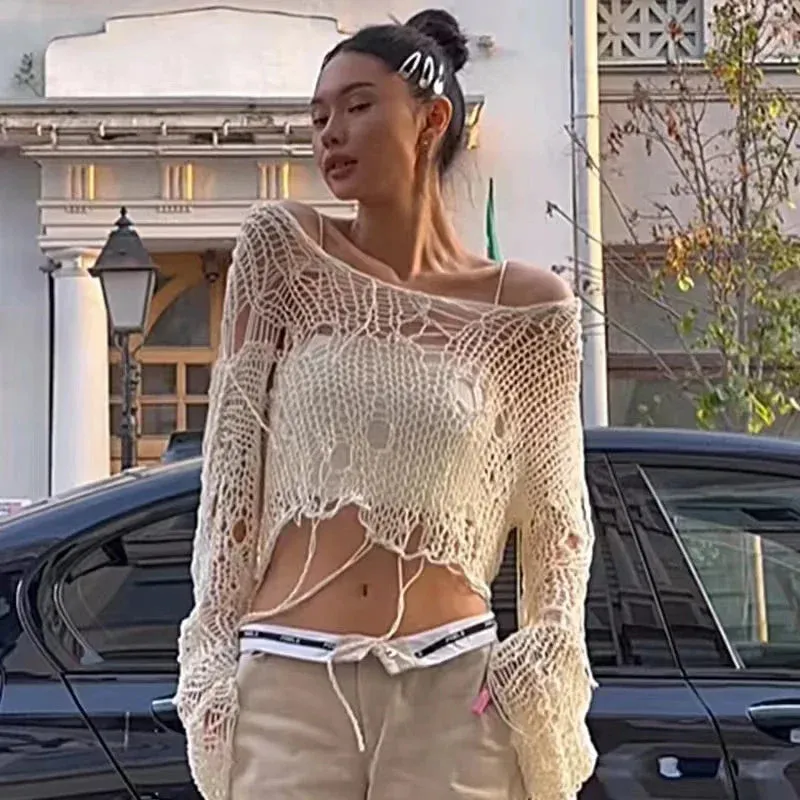 Boho Knitted Hollow Out Crop Tee – Vintage Y2K Loose Fit Ripped Long Sleeve Jumper for Women