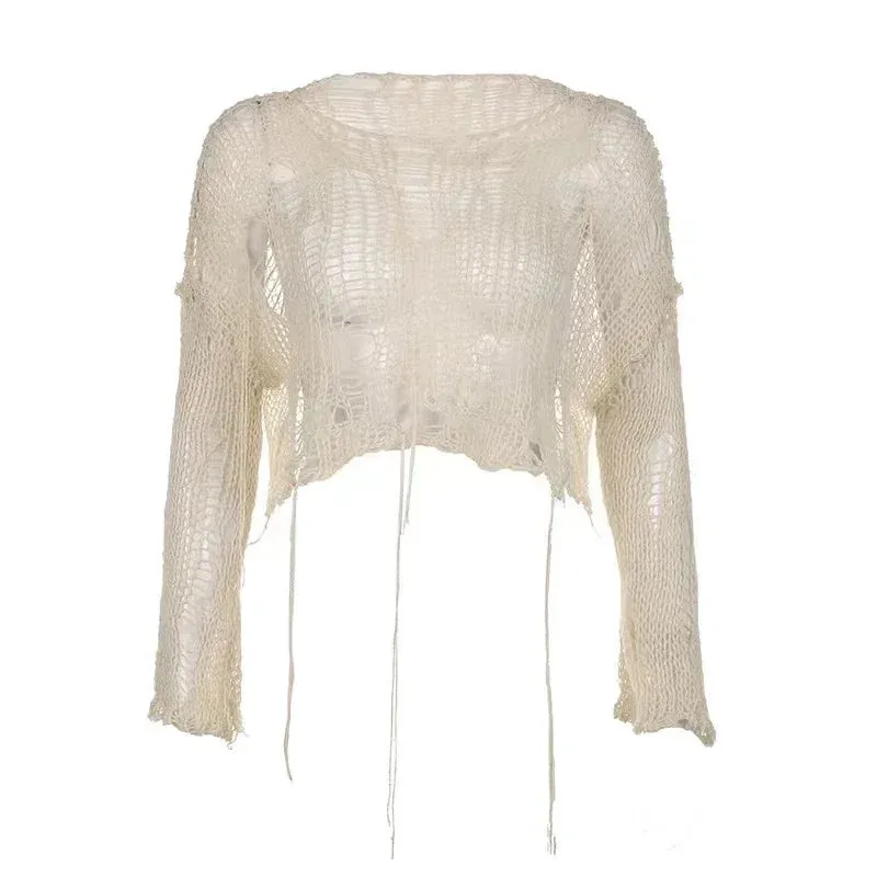 Boho Knitted Hollow Out Crop Tee – Vintage Y2K Loose Fit Ripped Long Sleeve Jumper for Women