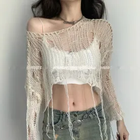 Boho Knitted Hollow Out Crop Tee – Vintage Y2K Loose Fit Ripped Long Sleeve Jumper for Women