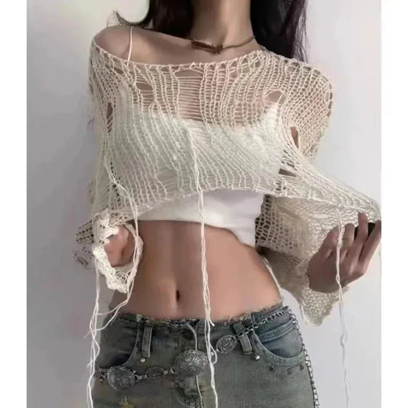 Boho Knitted Hollow Out Crop Tee – Vintage Y2K Loose Fit Ripped Long Sleeve Jumper for Women