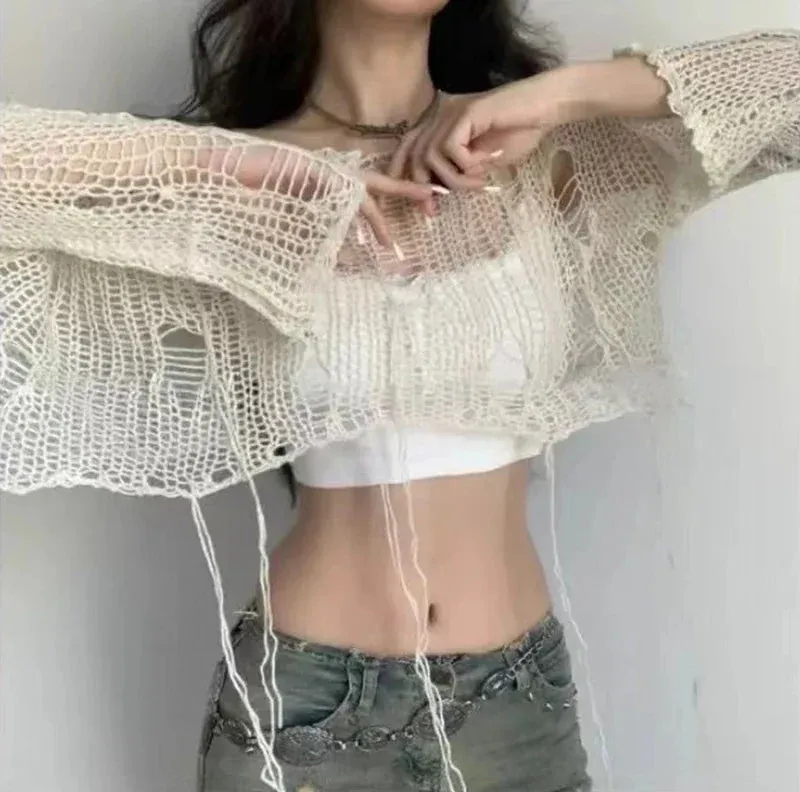 Boho Knitted Hollow Out Crop Tee – Vintage Y2K Loose Fit Ripped Long Sleeve Jumper for Women
