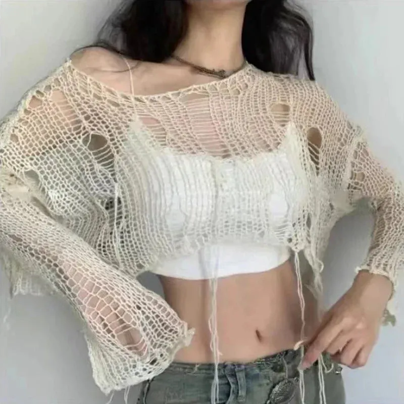Boho Knitted Hollow Out Crop Tee – Vintage Y2K Loose Fit Ripped Long Sleeve Jumper for Women