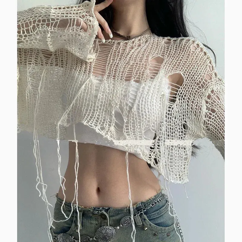 Boho Knitted Hollow Out Crop Tee – Vintage Y2K Loose Fit Ripped Long Sleeve Jumper for Women