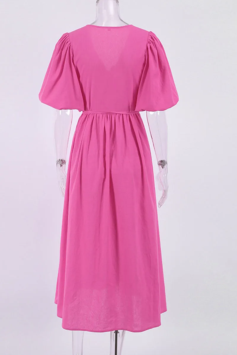 Casual Solid Bandage Patchwork Slit V Neck Straight Dresses(3 Colors)