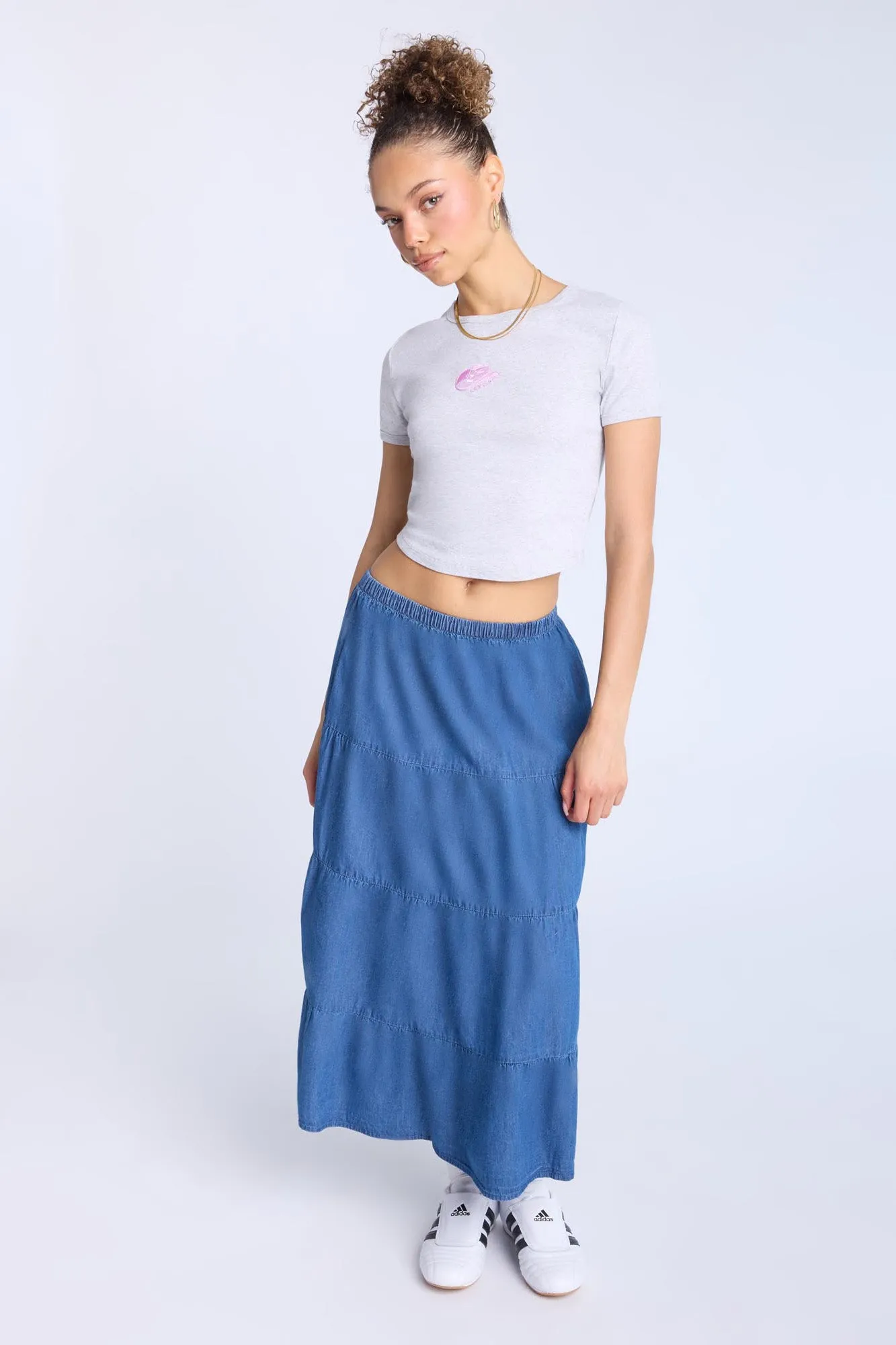 Chambray Tiered Maxi Skirt