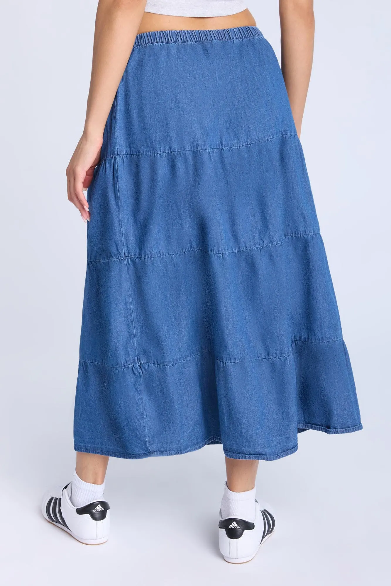 Chambray Tiered Maxi Skirt