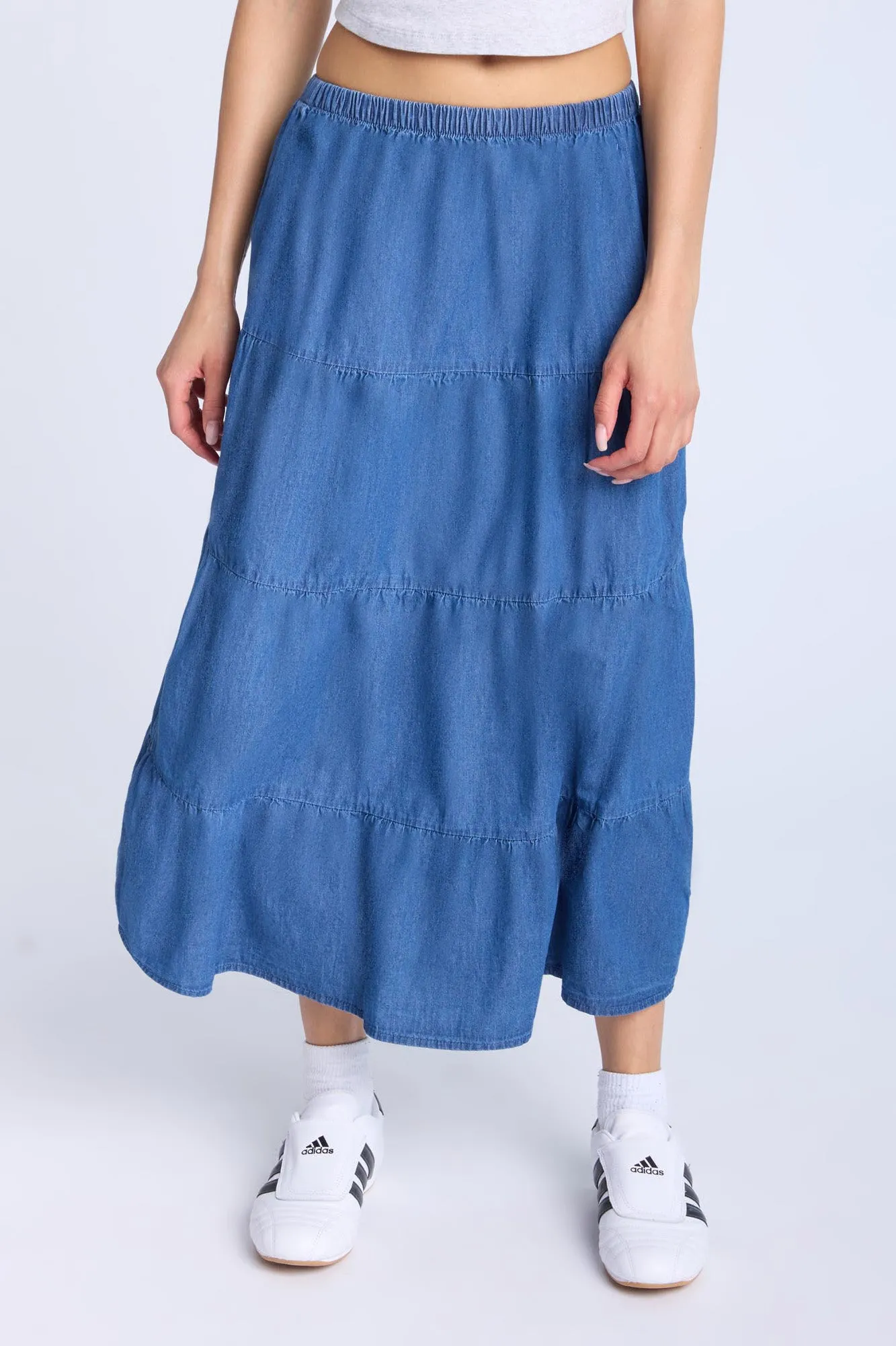 Chambray Tiered Maxi Skirt
