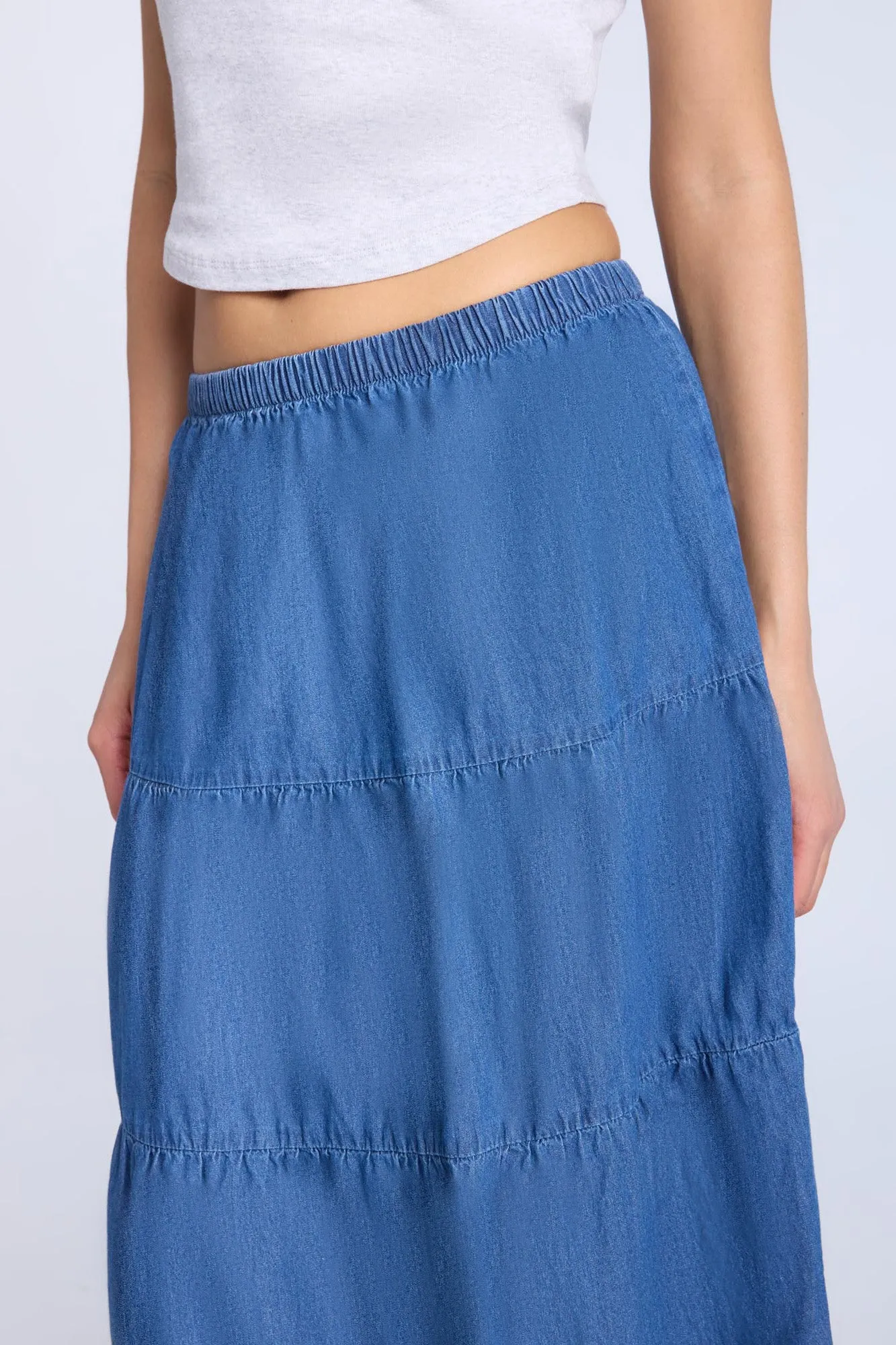 Chambray Tiered Maxi Skirt
