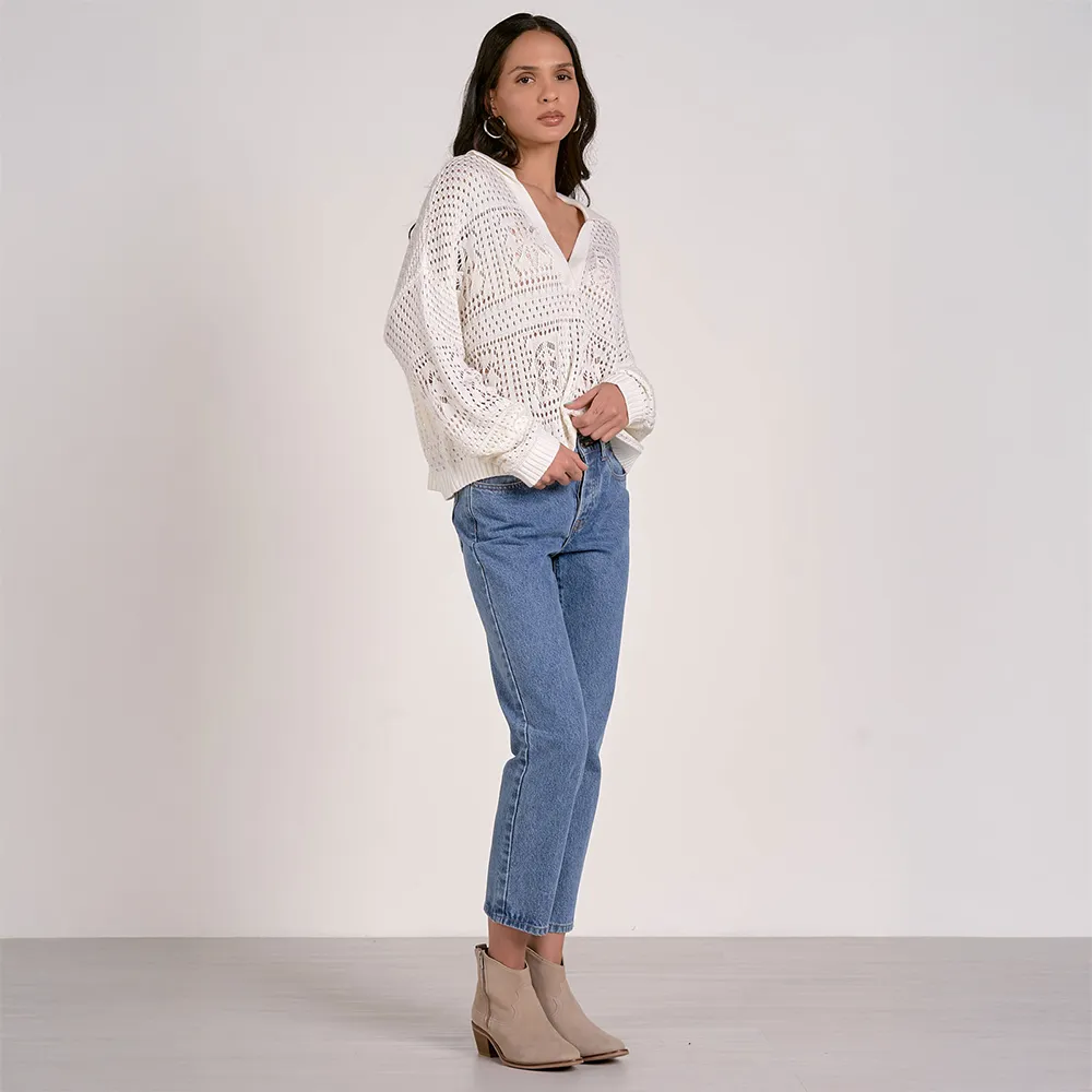 Collared Oversized Crocheted Sweater White