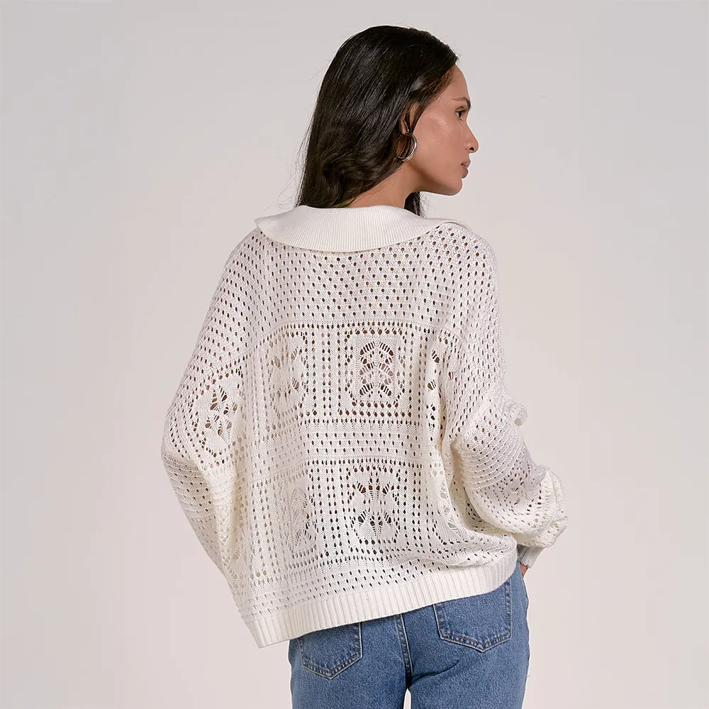 Collared Oversized Crocheted Sweater White
