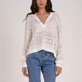 Collared Oversized Crocheted Sweater White