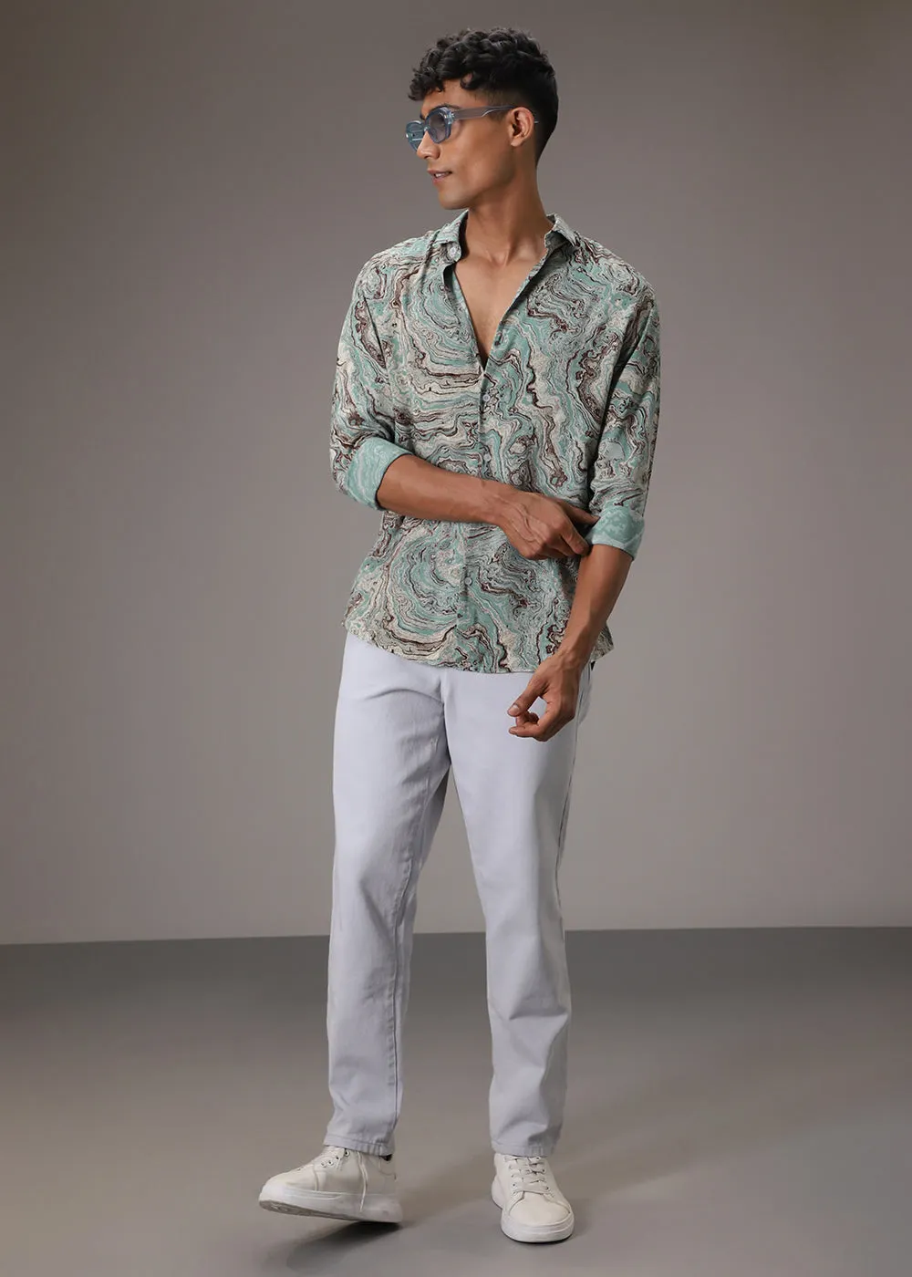 Cyan Marble Wash Feather Shirt