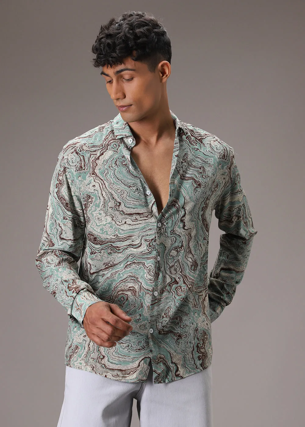 Cyan Marble Wash Feather Shirt