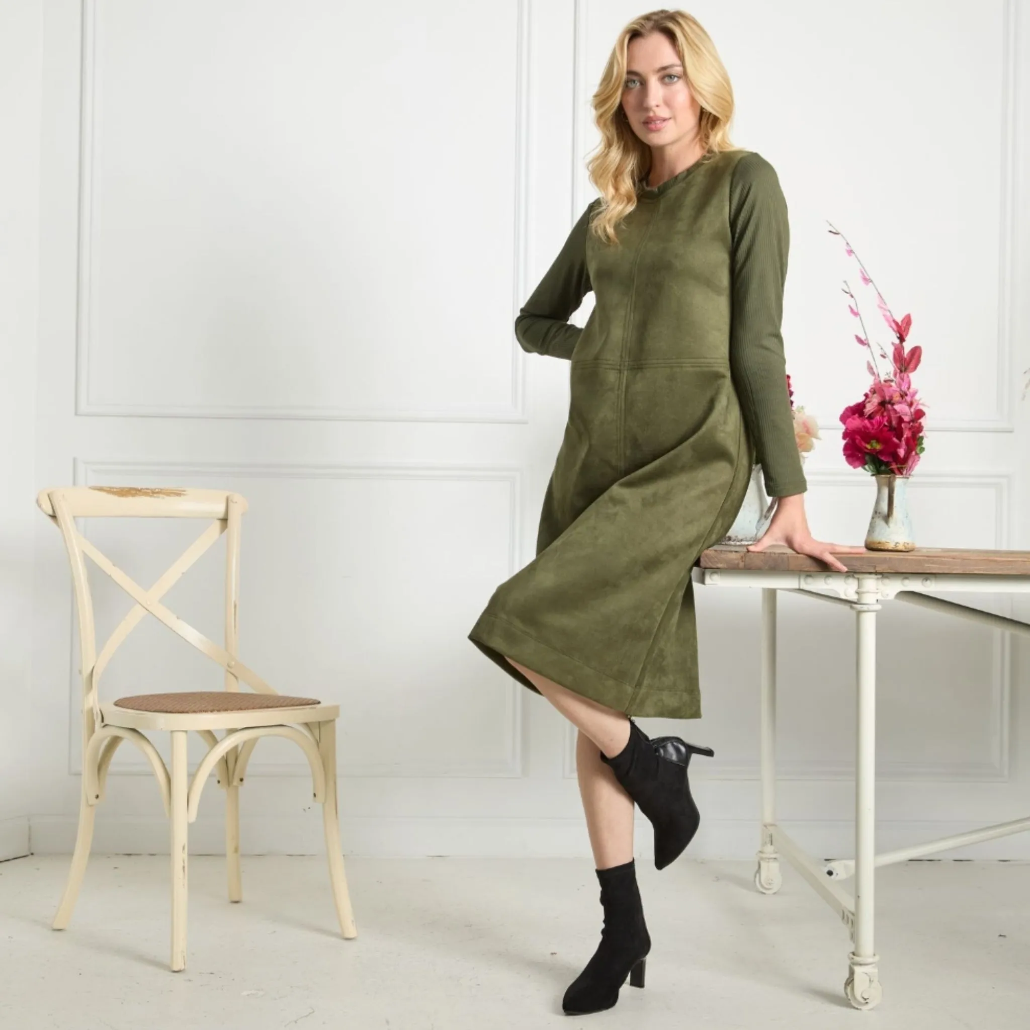 Premium Esti Olive Green Suede Dress - Elegant Womens Fashion