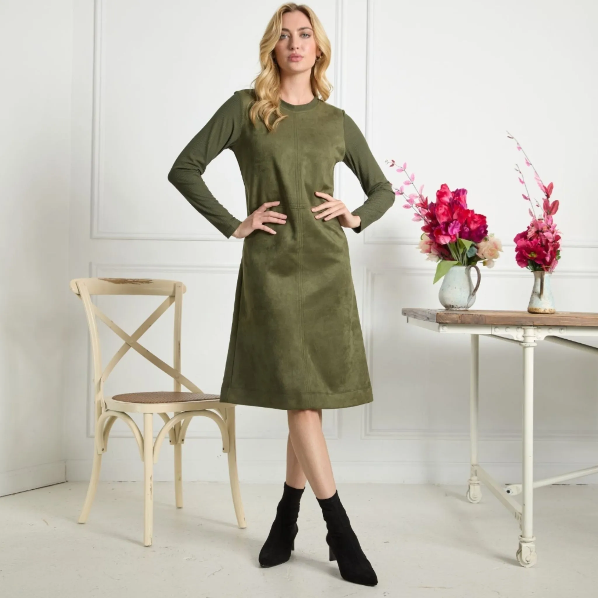 Premium Esti Olive Green Suede Dress - Elegant Womens Fashion
