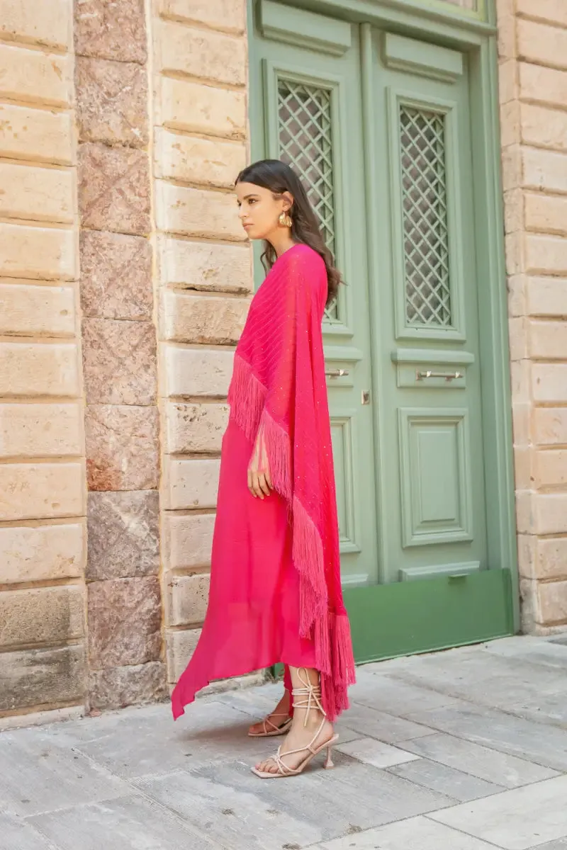 Fuschia One Shoulder Cape Dress