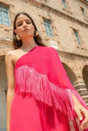 Fuschia One Shoulder Cape Dress