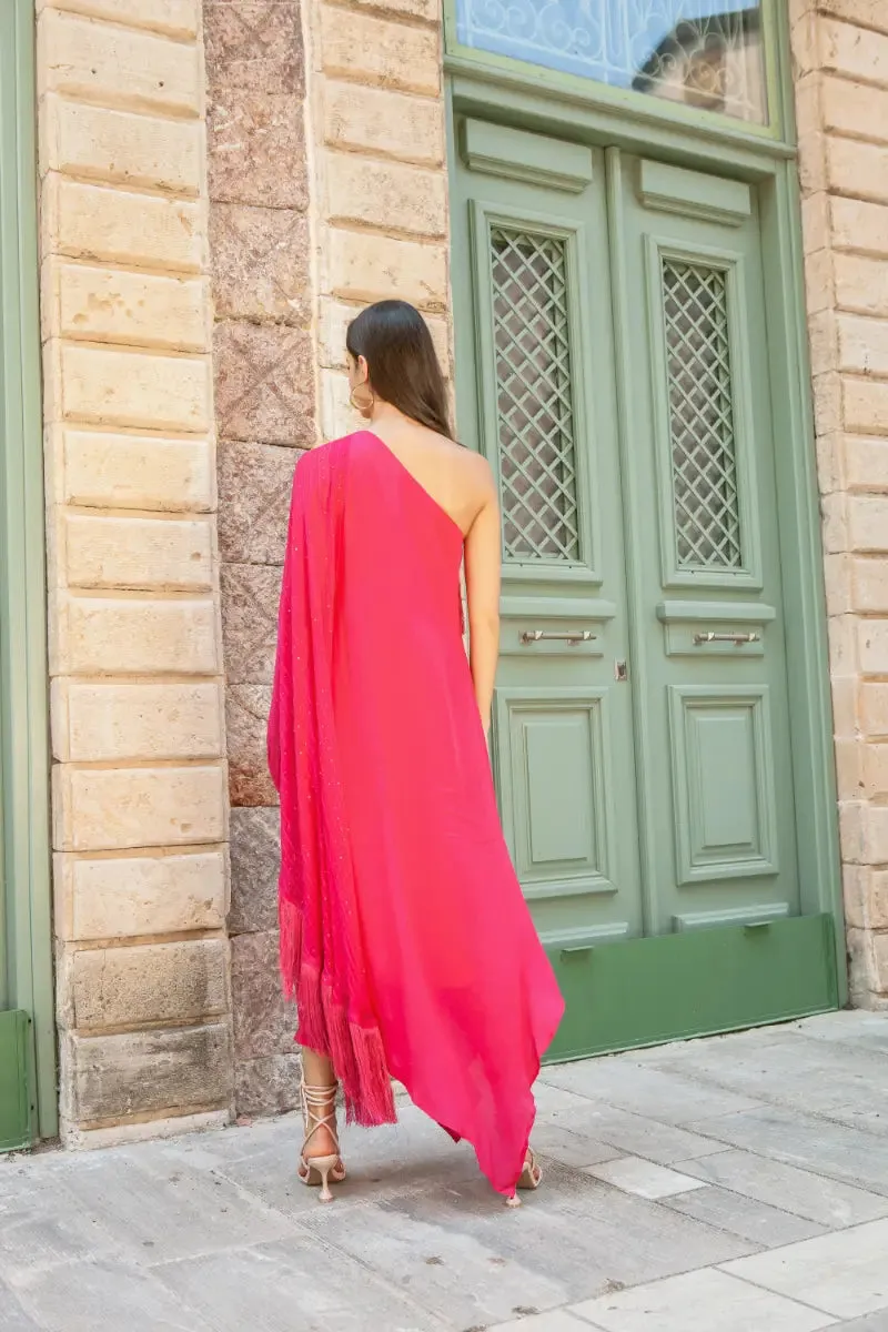 Fuschia One Shoulder Cape Dress
