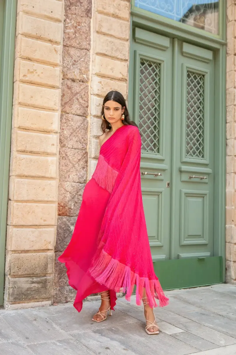 Fuschia One Shoulder Cape Dress
