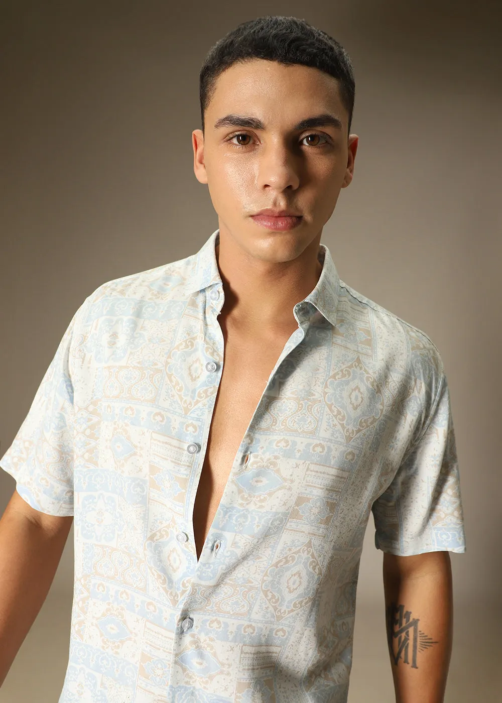 Geometric Print Beige Shirt