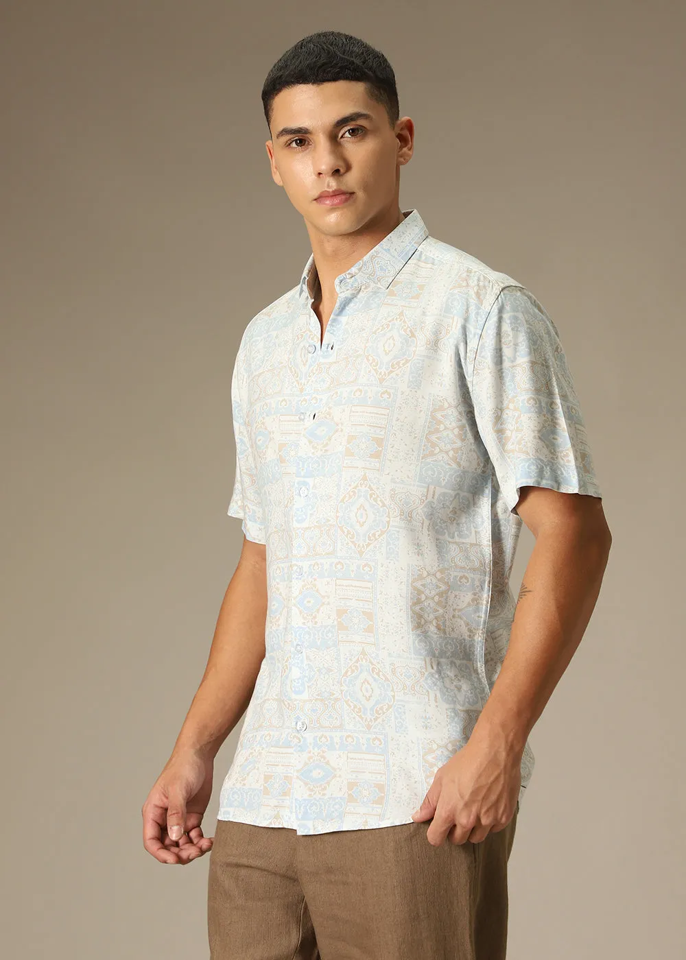 Geometric Print Beige Shirt