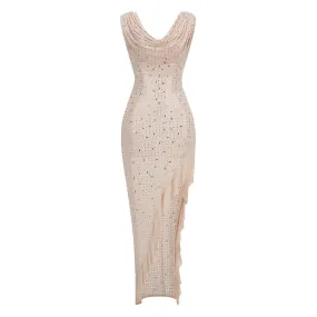 Glitter Rhinestone Cowl Neck Sleeveless Ruffle Slit Sheer Mesh Maxi Dress